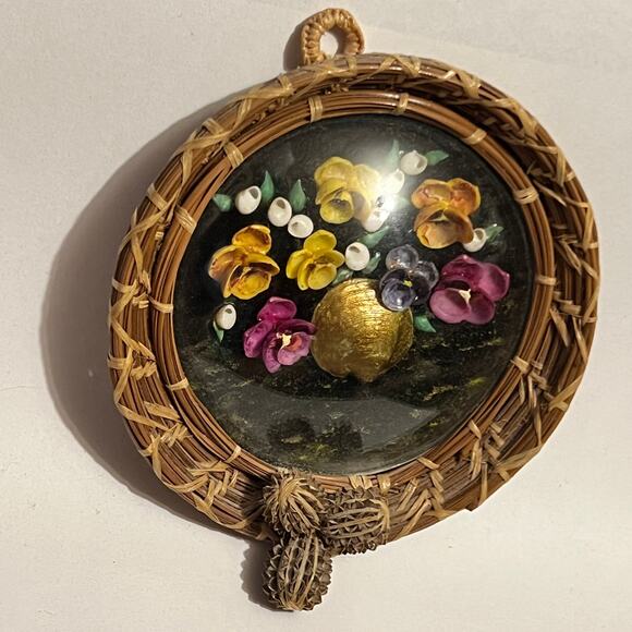 Capiz Shell Wall Decor Round Dome Glass Wicker Rattan 4.5" Boho Coastal Art - Picture 10 of 13